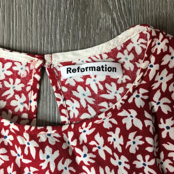 Reformation Midi Dress Floral Short Sleeve Viscose Blend USA Made Red Medium - Picture 6 of 7